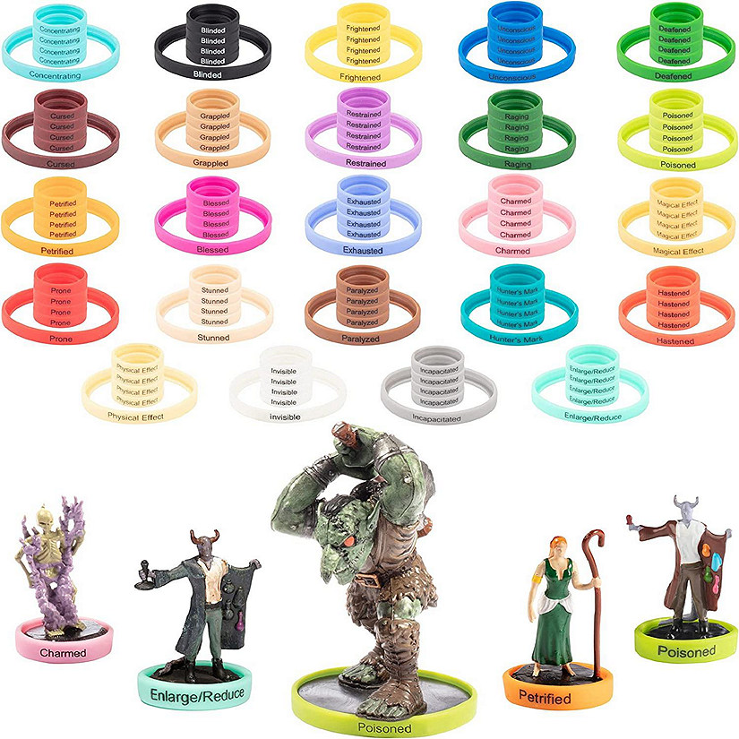 Monster Protectors DND Flexible Status Effect Markers - 120 Rings, 24 Different Conditions - Fits Large & Standard Minis - For DND Minis, Pathfinder & RPG Games Image