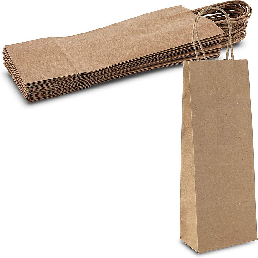 MT Products 5.25" x 3.25" x 13.13" Brown Paper Wine Bags with Handles - Pack of 12 Image