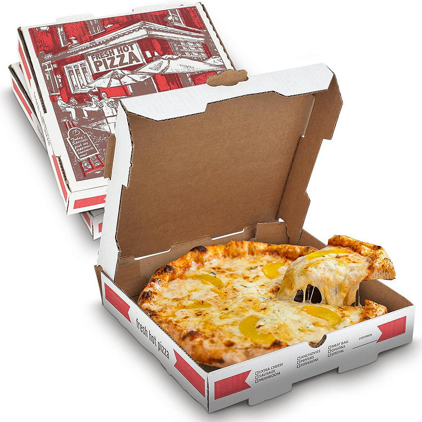 MT Products White and Red B-Flute Pizza Boxes 10" x 10" x 1.75" - Pack of 10 Image