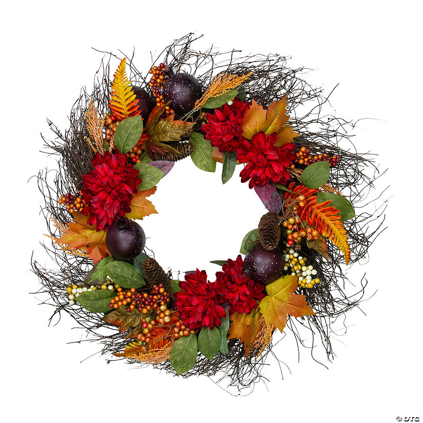 Mums and Pomegranates Artificial Fall Harvest Floral Wreath  28-Inch Image
