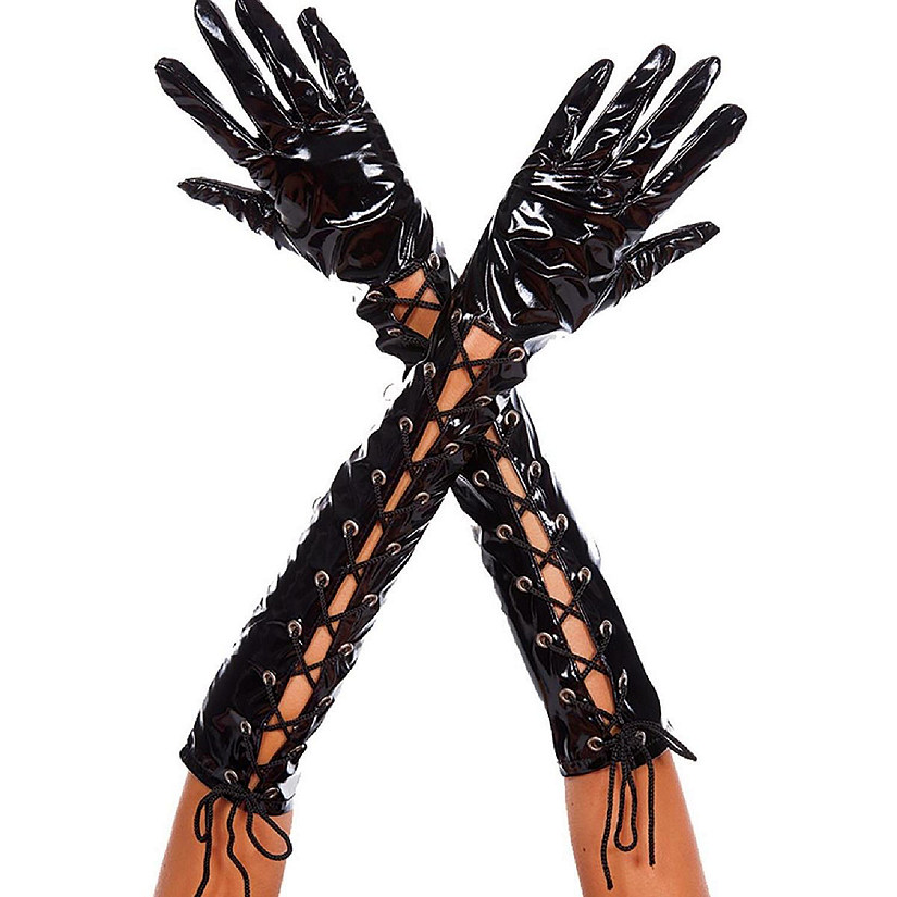 Music Legs 404-BLACKMETALLIC Wet Look Ribbon Lace Up Gloves, Black Image