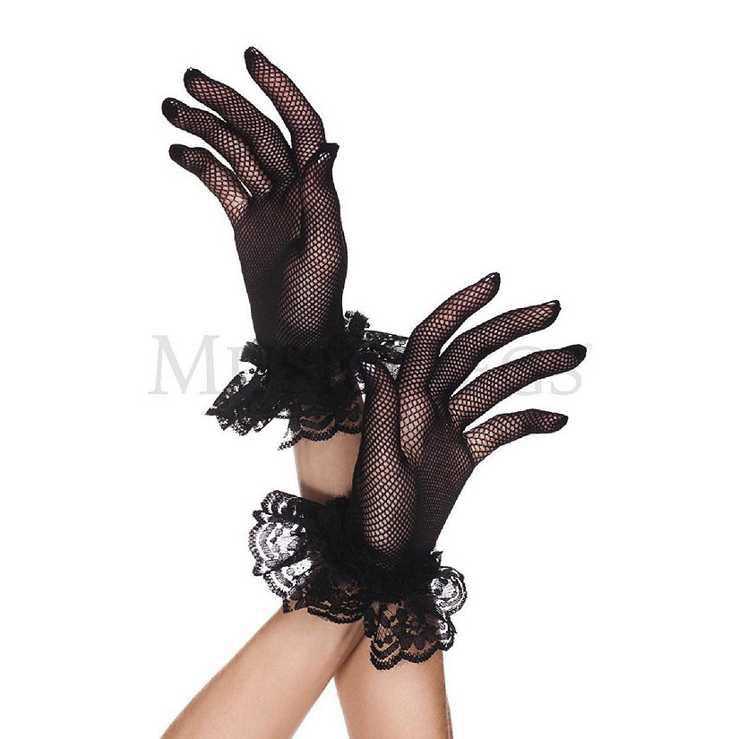 Music Legs 460-BLACK Lace Ruffle Fishnet Gloves - Black - One Size Image