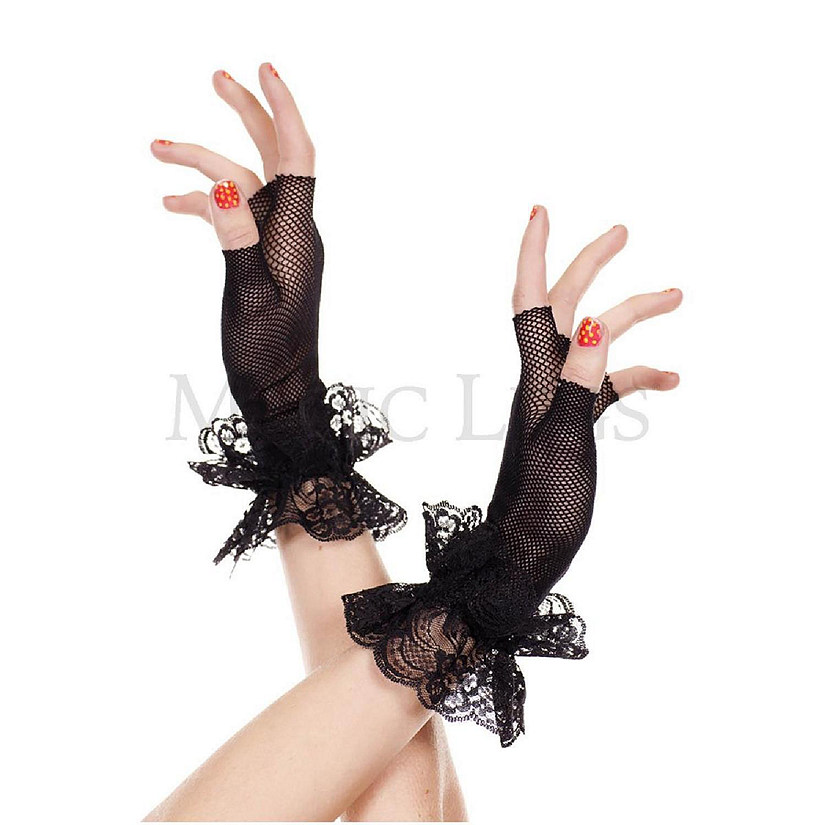 Music Legs 462-BLACK Lace Ruffle Fishnet Fingerless Gloves - Black - One Size Image