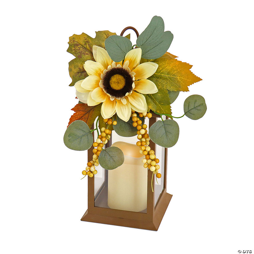 National Tree Company 13 in. Sunflower and Eucalyptus Decorated Harvest Lantern Image