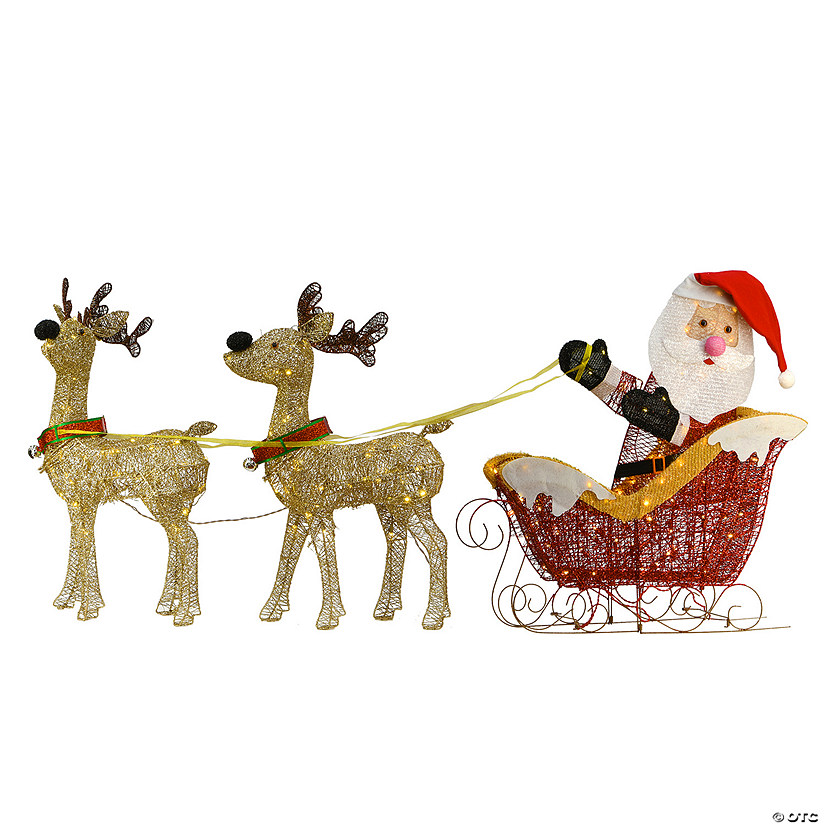 National Tree Company 33" & 31" Pre Lit Santa and Reindeer Decoration, Includes Santa, Two Reindeer, Prestrung with 225 Warm White LED Lights, Battery Powered, Christmas Collection Image