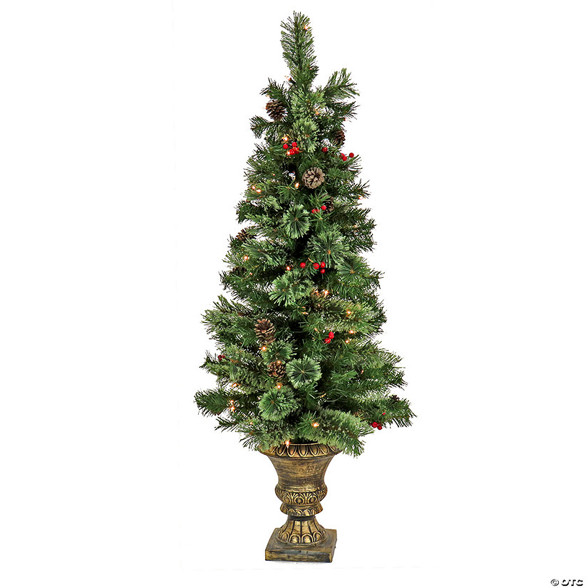 National Tree Company 4.5 ft. Artificial Cashmere Cone & Berry Entrance Christmas Tree in Bronze Urn, with Red Berries and Pinecones, Pre-Lit with Clear Incandescent Lights, Plug In Image