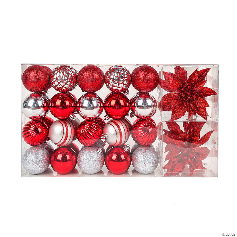 National Tree Company First Traditions&#8482; 2" Red Xmas Ball Set, Shatterproof Bauble Ornaments Set-40 Balls & 4 Flowers Image