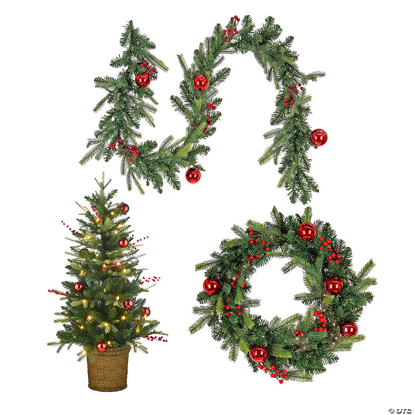 National Tree Company, First Traditions&#8482; Collection, Feel Real&#8482; Scotch Creek Assortment- 4' Entrance Tree in Pot with 70 Warm White LED Lights- UL & 24" Wreath & 6' Garland with 100 Warm White Battery Operated LED Lights Image