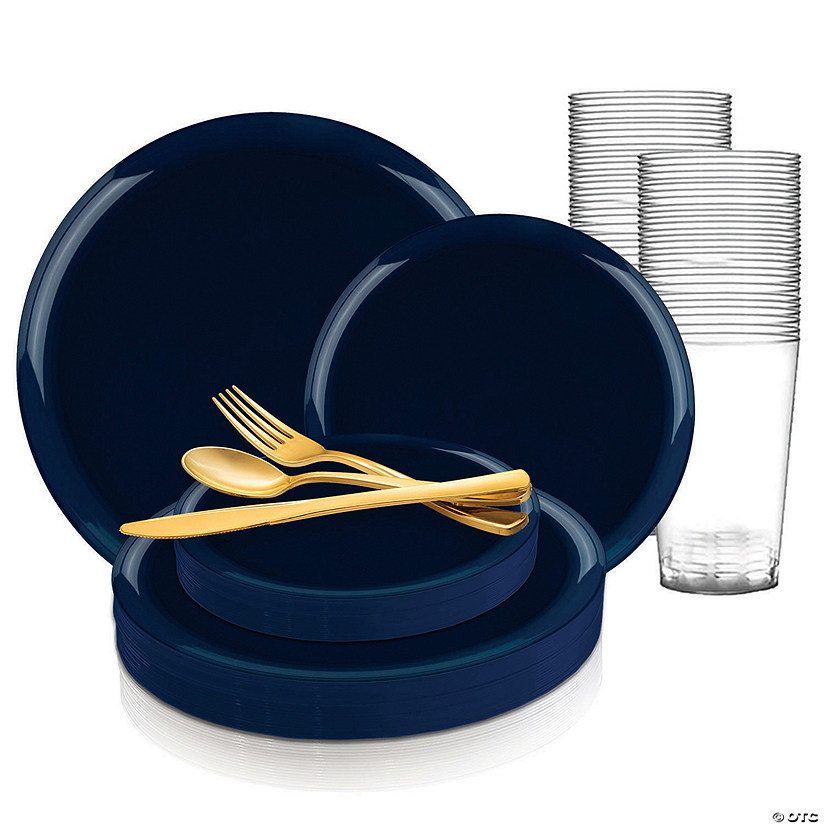 Navy Flat Round Disposable Plastic Dinnerware Value Set (120 Settings) Image