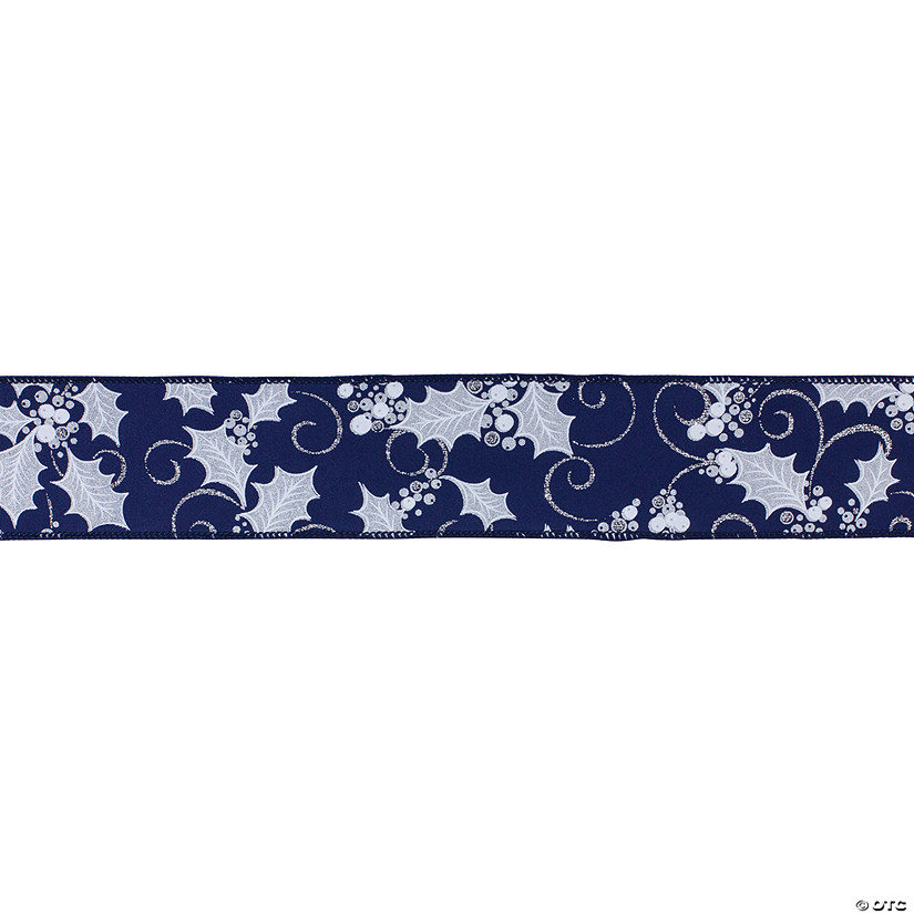 Navy Holly Pattern 2.5" X 10 Yds. Ribbon (Set Of 2) Wired Polyester Image