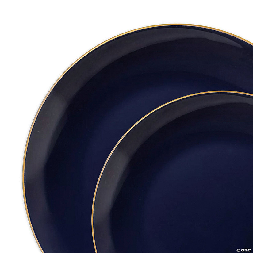 Navy with Gold Rim Organic Round Disposable Plastic Dinnerware Value Set (40 Dinner Plates + 40 Salad Plates) Image