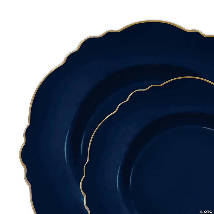 Navy with Gold Rim Round Blossom Disposable Plastic Dinnerware Value Set (120 Dinner Plates + 120 Salad Plates) Image