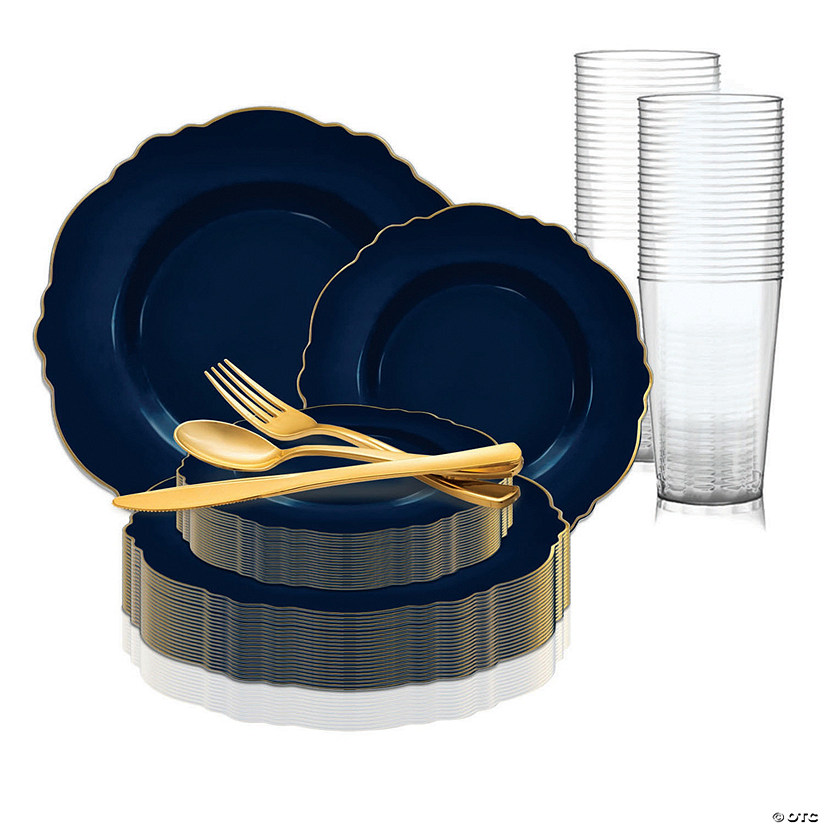 Navy with Gold Rim Round Blossom Disposable Plastic Dinnerware Value Set (120 Settings) Image