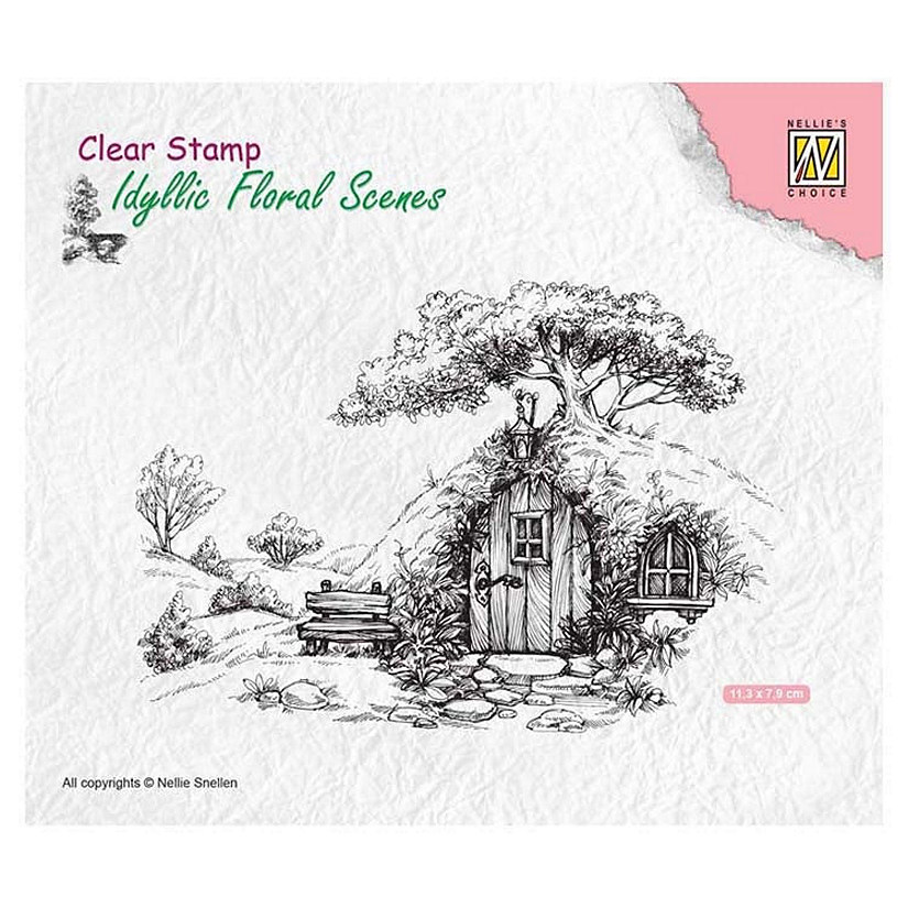 Nellie's Choice Clear Stamp Idyllic Floral Scene with Old House Image