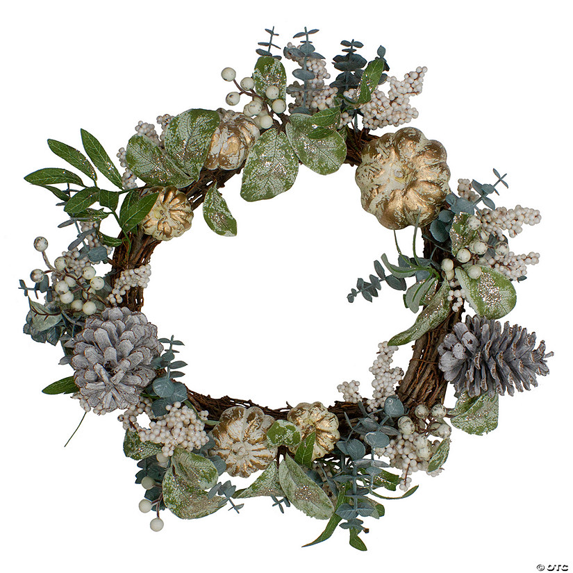 Neutral Colored Pumpkin and Pine Cones Fall Harvest Wreath - 18-Inch  Unlit Image