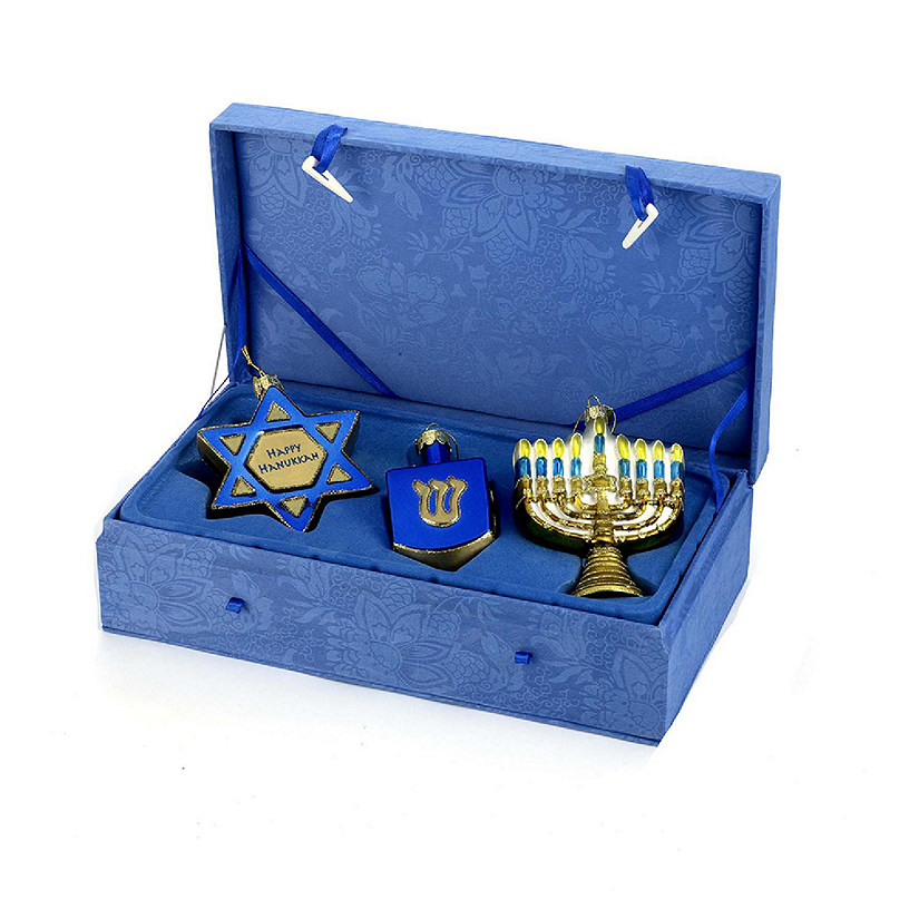 Noble Gems Hanukkah Boxed Glass Ornaments Set of 3 NB1124 New Image