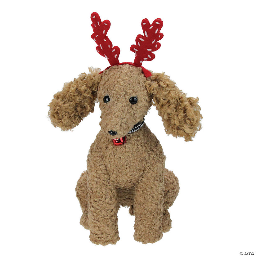 Northlight - 14.5" Plush Dog with Red Antlers Christmas Decoration Image
