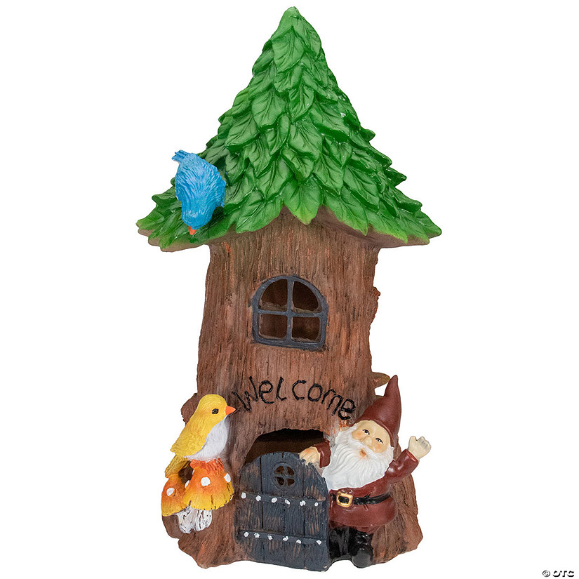 Northlight 14" Solar Lighted Welcome Gnome Tree House Outdoor Garden Statue Image