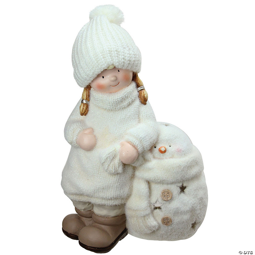 Northlight - 17.25 White Tealight Snowman with Standing Girl Christmas Candle Holder Image