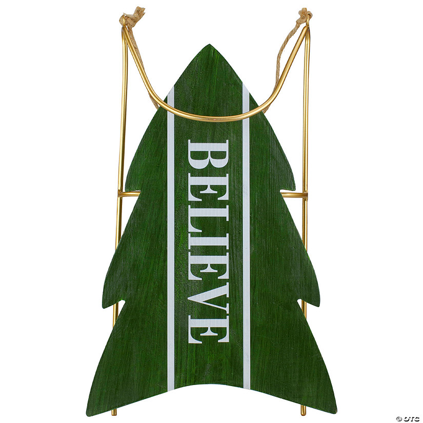 Northlight 18.25" Green Wooden "BELIEVE" Christmas Snow Sled Decoration Image