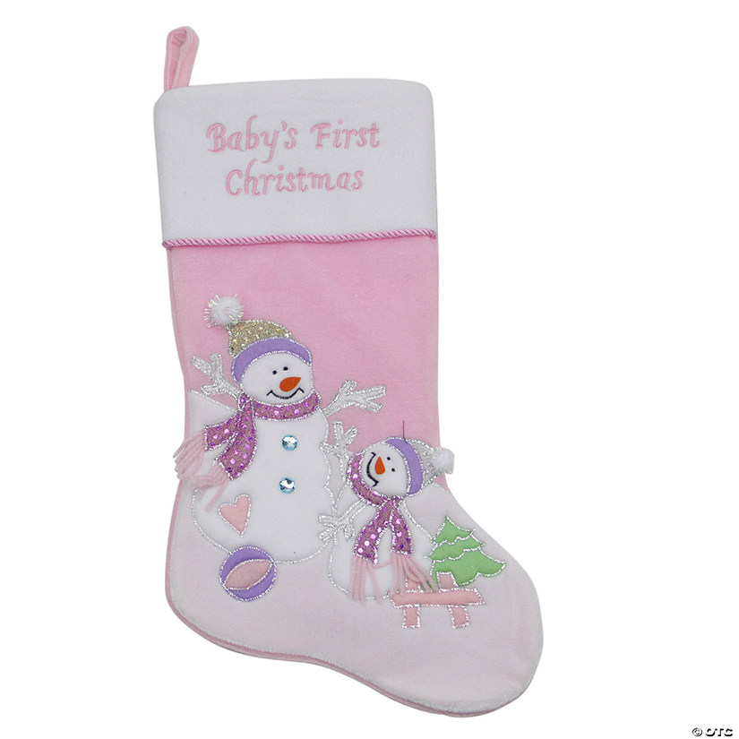 Northlight 21" Light Pink Baby's First Christmas Velveteen Snowmen Christmas Stocking Image