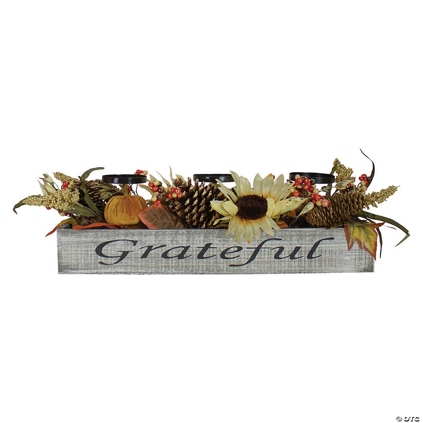 Northlight 26" Autumn Harvest Sunflower 3-Piece Candle Holder in a "Grateful" Rustic Wooden Box Centerpiece Image