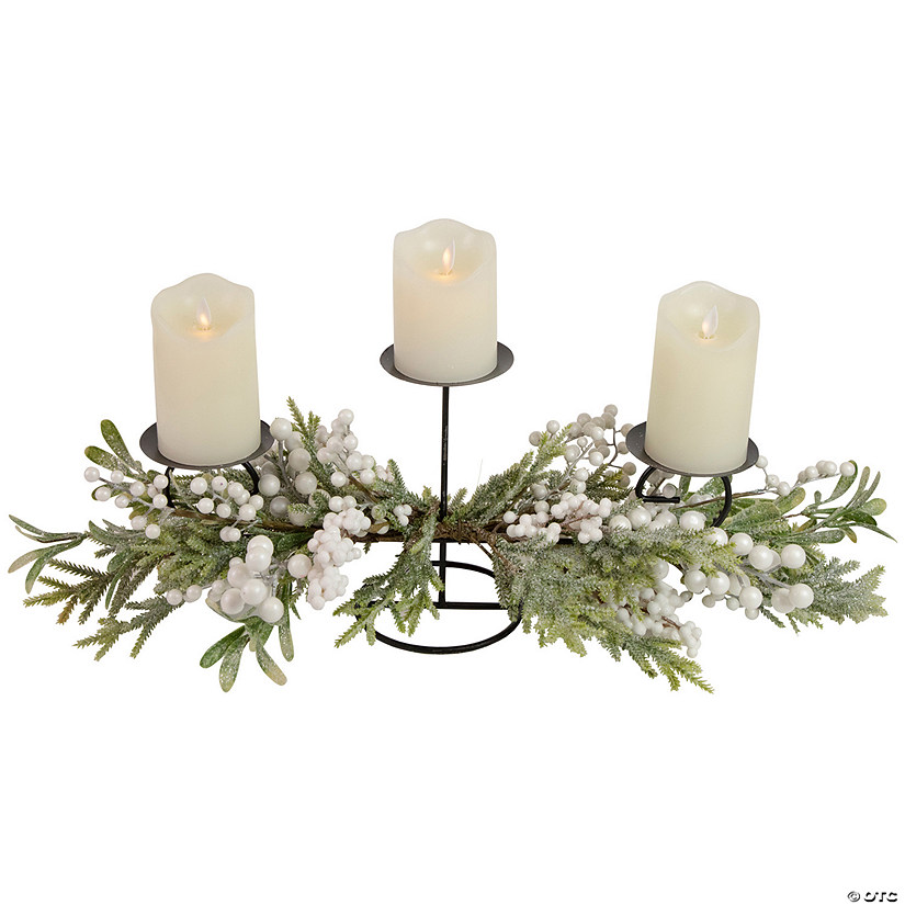 Northlight 26" Triple Candle Holder with Frosted Foliage and Berries Christmas Decor Image