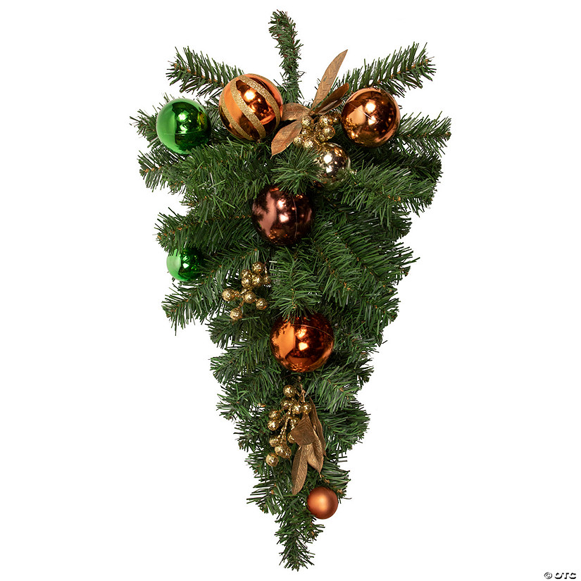 Northlight 30" Green Foliage and Ornaments Artificial Christmas Teardrop Swag  Unlit Image