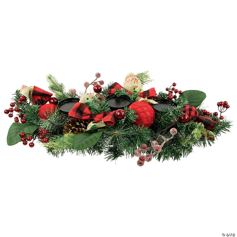 Northlight 30" Green Pine Triple Candle Holder with Bows and Plaid Christmas Ornaments Image