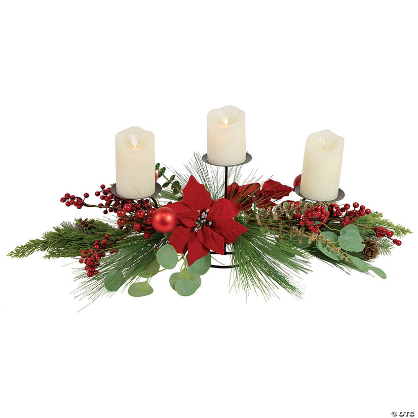 Northlight 32" Triple Candle Holder with Red Berry and Poinsettia Christmas Decor Image