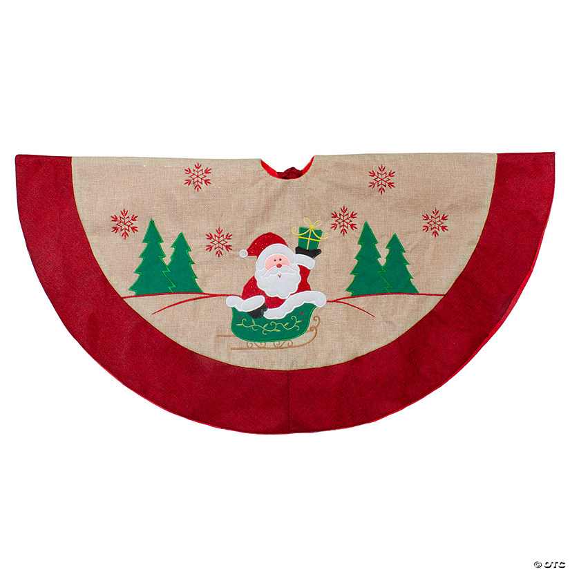 Northlight 36" Burlap Santa Claus in Sleigh Embroidered Christmas Tree Skirt Image