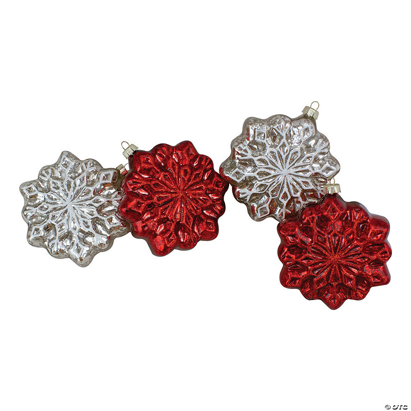Northlight 4" Red and Silver Glass Snowflake Hanging Christmas Decorations, 4 Count Image