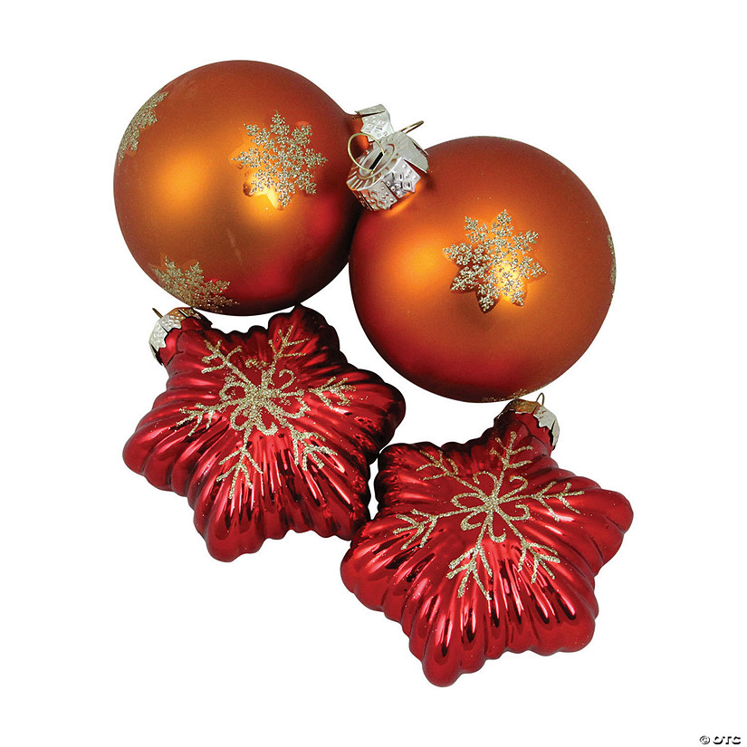 Northlight 4" Red Stars and Amber Orange Balls Glass Christmas Ornaments, Set of 4 Image
