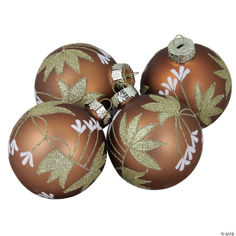 Northlight 4ct Brown and Gold 2-Finish Floral Glass Christmas Ball Ornaments 3.25" (80mm) Image