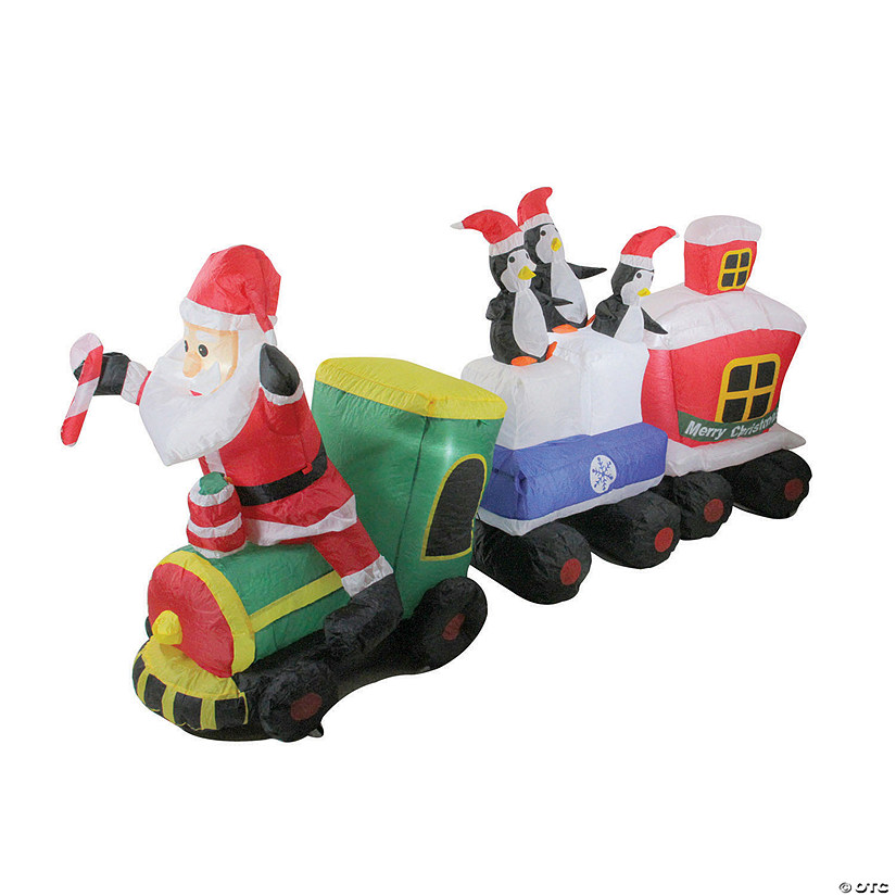 Northlight 6.5' Red and Green Inflatable Santa and Penguins on Train Lighted Outdoor Christmas Decoration Image