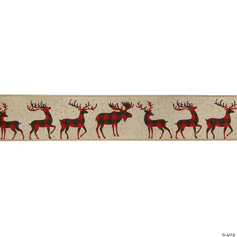 Northlight Beige and Red Plaid Buffalo with Reindeer Christmas Wired Craft Ribbon 2.5" x 16 Yards Image