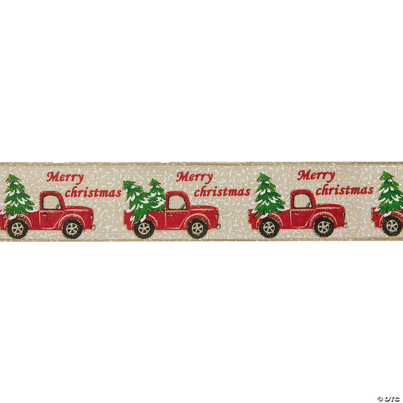 Northlight Green and Red Vintage Trucks with Christmas Trees Wired Craft Ribbon 2.5" x 16 Yards Image