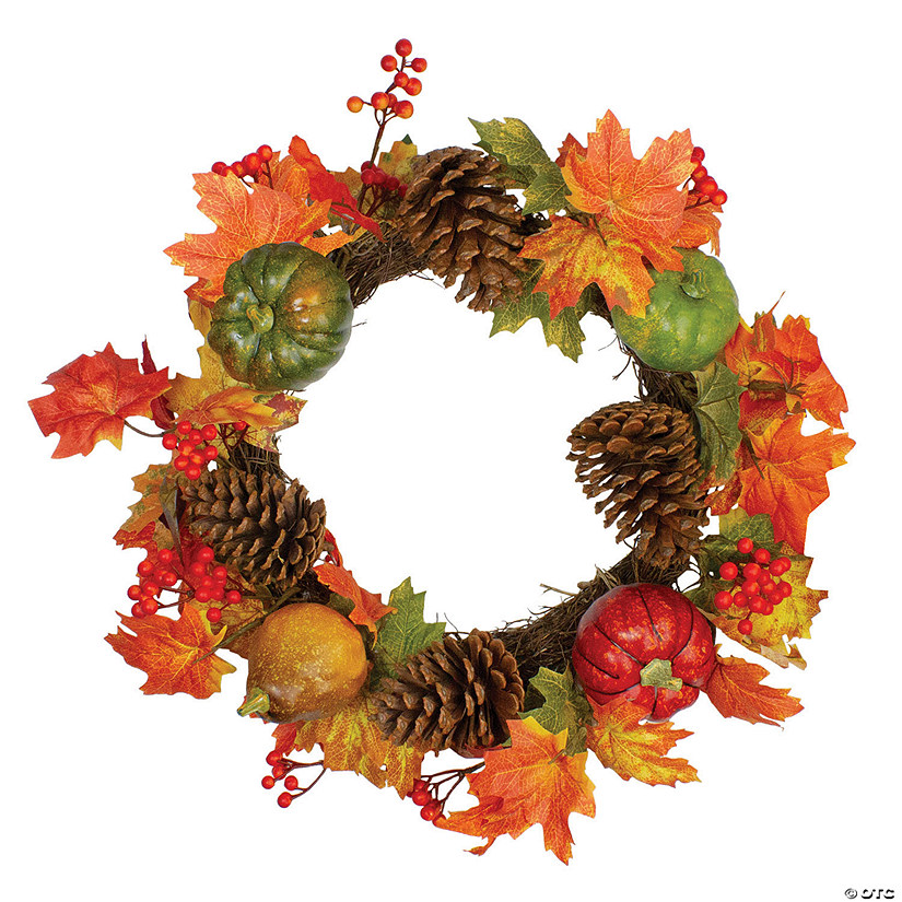Northlight Leaves  Pine Cones and Pumpkins Artificial Fall Harvest Wreath - 20-Inch  Unlit Image