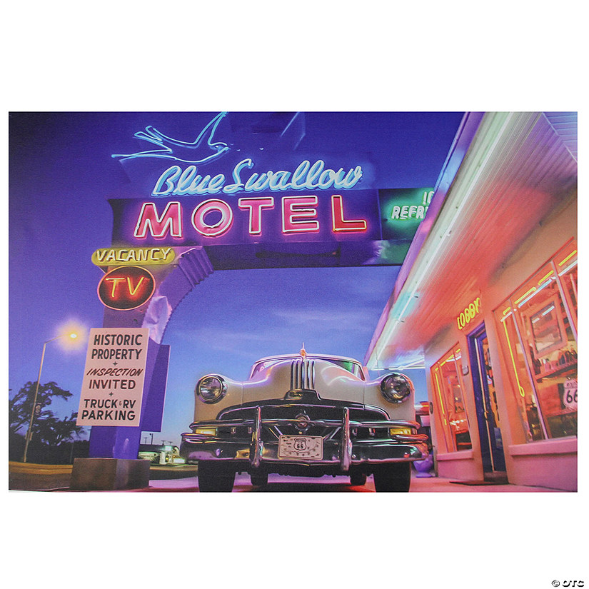 Northlight LED Lighted Famous Blue Swallow Motel with Classic Car Canvas Wall Art 15.75" Proper 23.75" Image