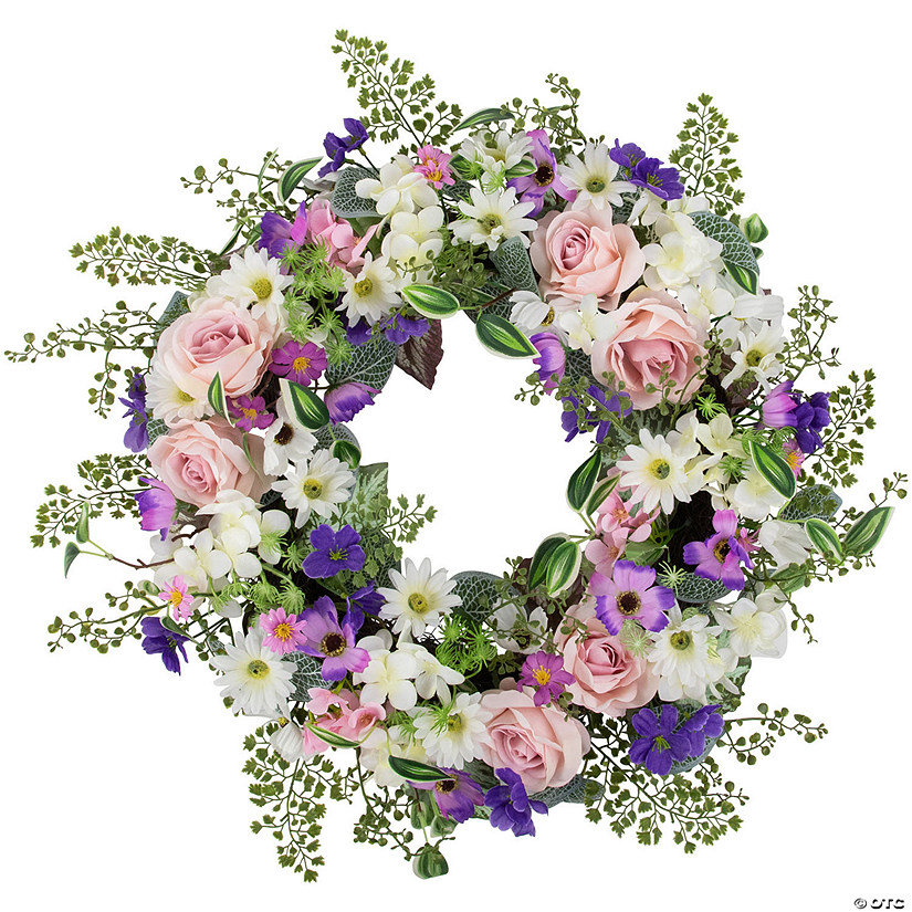 Northlight mixed floral and fern artificial spring wreath  24-inch Image