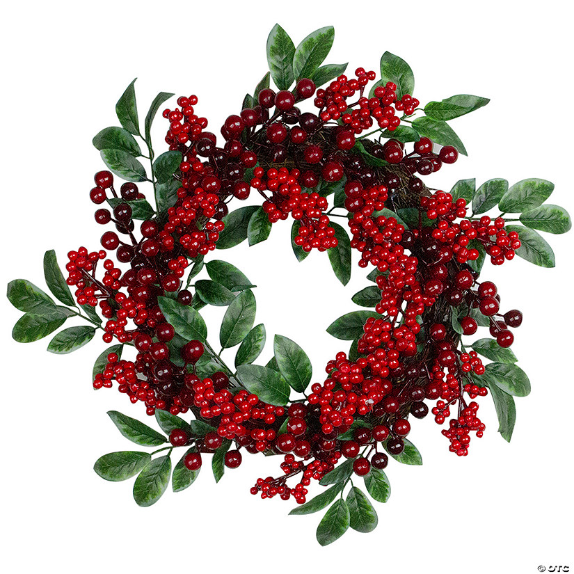 Northlight Red Berries and Two-Tone Green Leaves Artificial Christmas Wreath - 18-Inch  Unlit Image