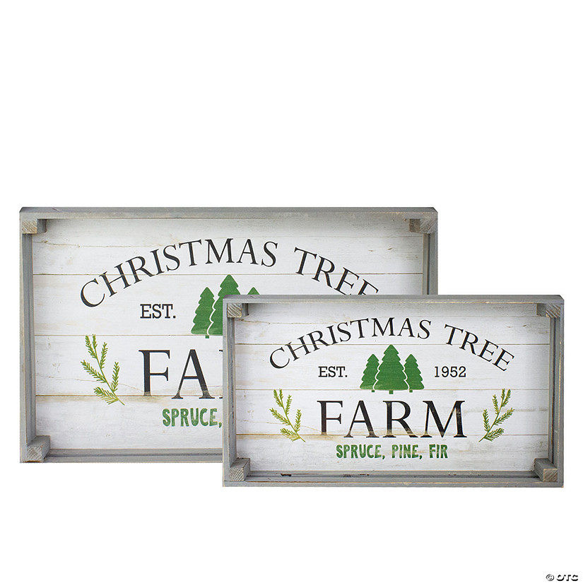 Northlight - Set of 2 Gray and White Farm Fresh Christmas Trees Wooden Tray Hanging Signs  18" - 21" Image