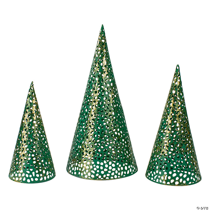 Northlight Set of 3 Green and Gold Christmas Tabletop Cone Trees 16" Image