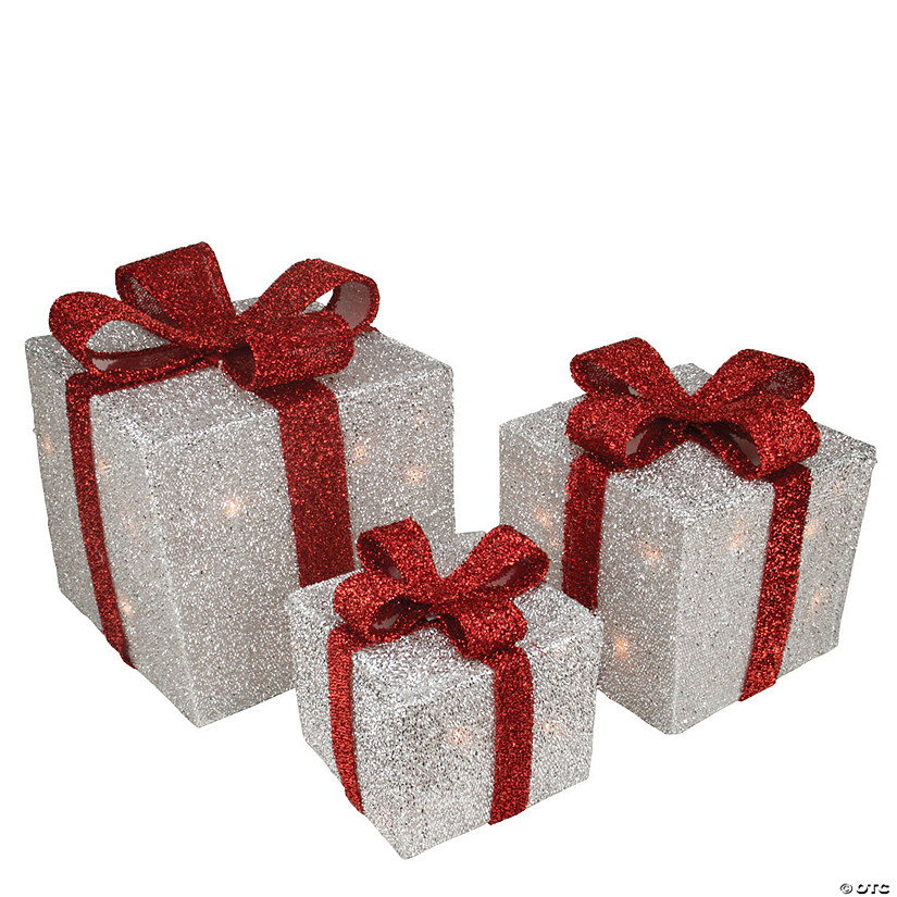 Northlight - Set of 3 Silver Tinsel Lighted Gift Boxes with Red Bows Outdoor Christmas Decorations Image