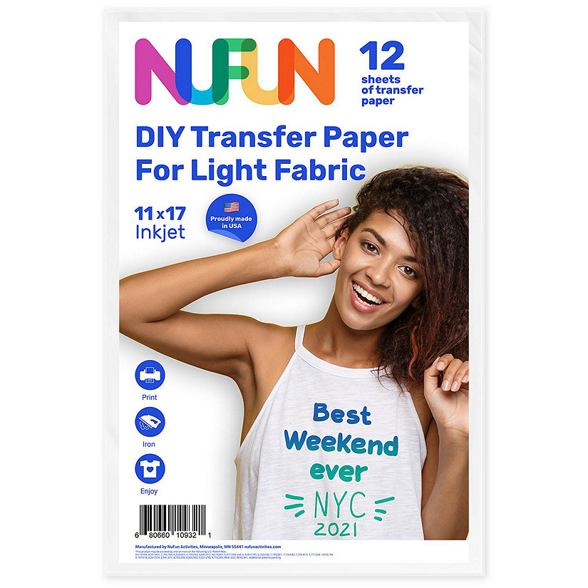NuFun Activities Inkjet Printable Iron-On Heat Transfer Paper For Light Fabrics, 11 x 17 Inch, (12 Sheets) Image