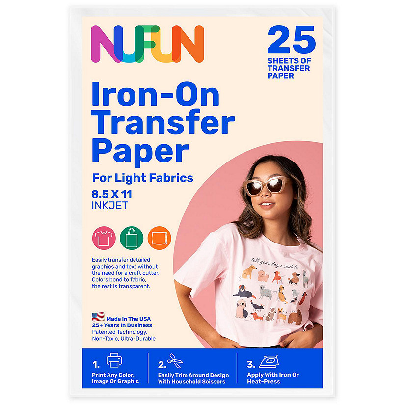 NuFun Activities Inkjet Printable Iron-On Heat Transfer Paper For Light Fabrics, 11 x 17 Inch, (25 Sheets) Image
