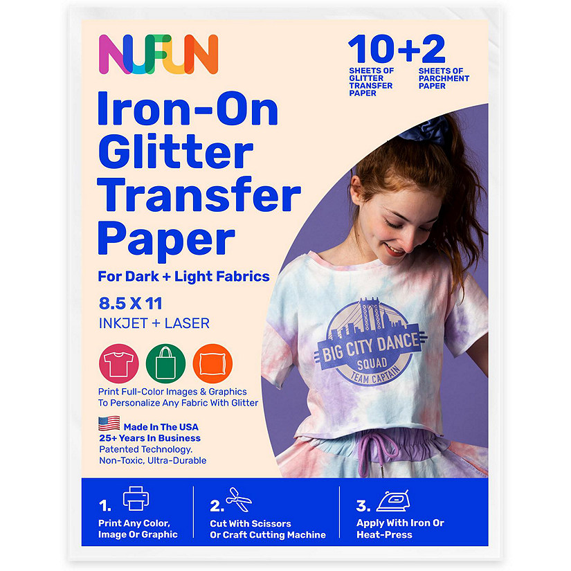 NuFun Activities Inkjet Printable Iron-On No Mess Glitter Transfer Paper For Light And Dark Fabrics, 8.5 x 11 Inch (3 Light Sheets, 3 Dark Sheets) Image