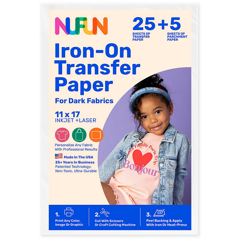 NuFun Activities Printable Iron-On Heat Transfer Paper For Dark Fabrics, 11 x 17 Inch, (25 Sheets) Image