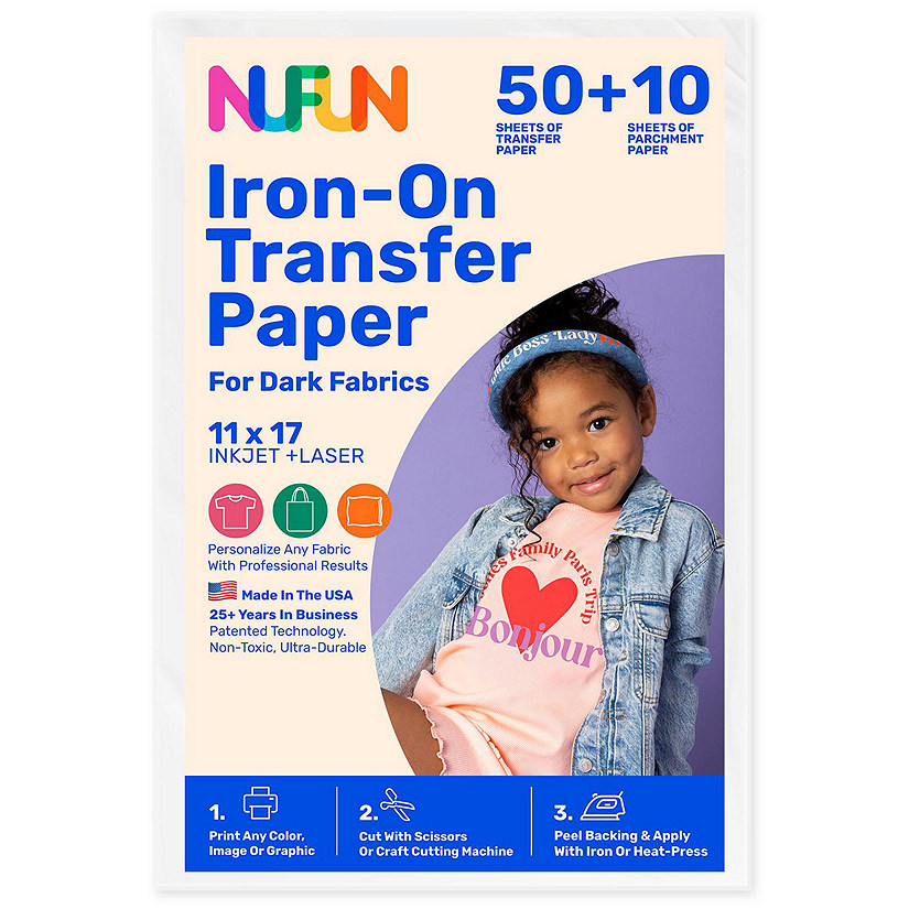 NuFun Activities Printable Iron-On Heat Transfer Paper For Dark Fabrics, 11 x 17 Inch, (50 Sheets) Image