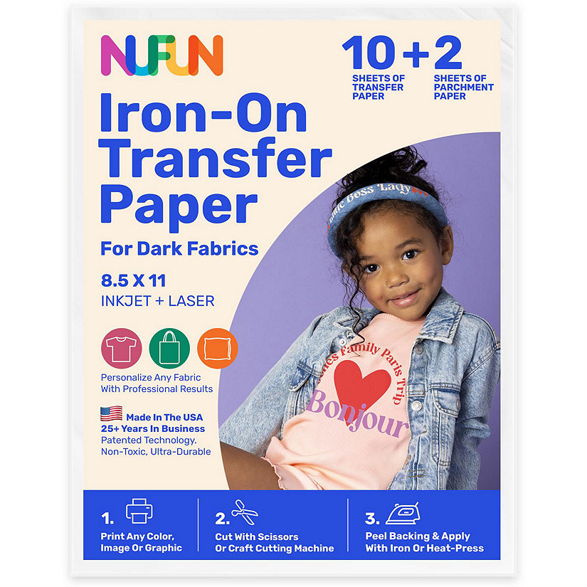 NuFun Activities Printable Iron-On Heat Transfer Paper For Dark Fabrics, 8.5 x 11 Inch, (10 Sheets) Image